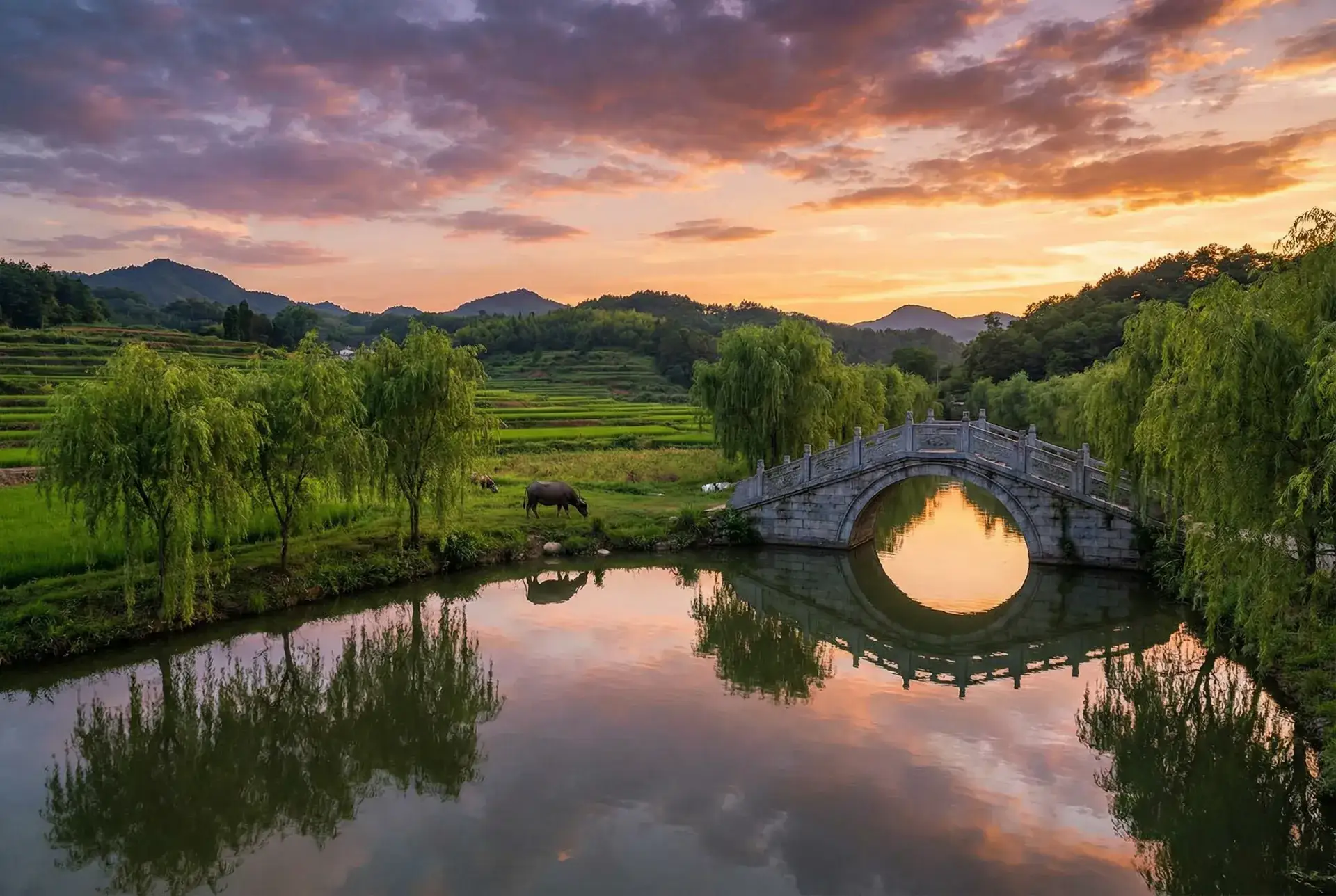 夕阳下的石拱桥与垂柳，水牛在河边吃草 - 韩国三级韩语中文字幕 乡村美景